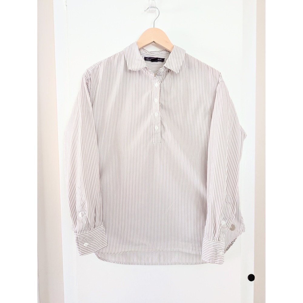 Gloria Vanderbilt M Striped‎ Cotton Poplin Long Sleeve Shirt Minimalist Classic